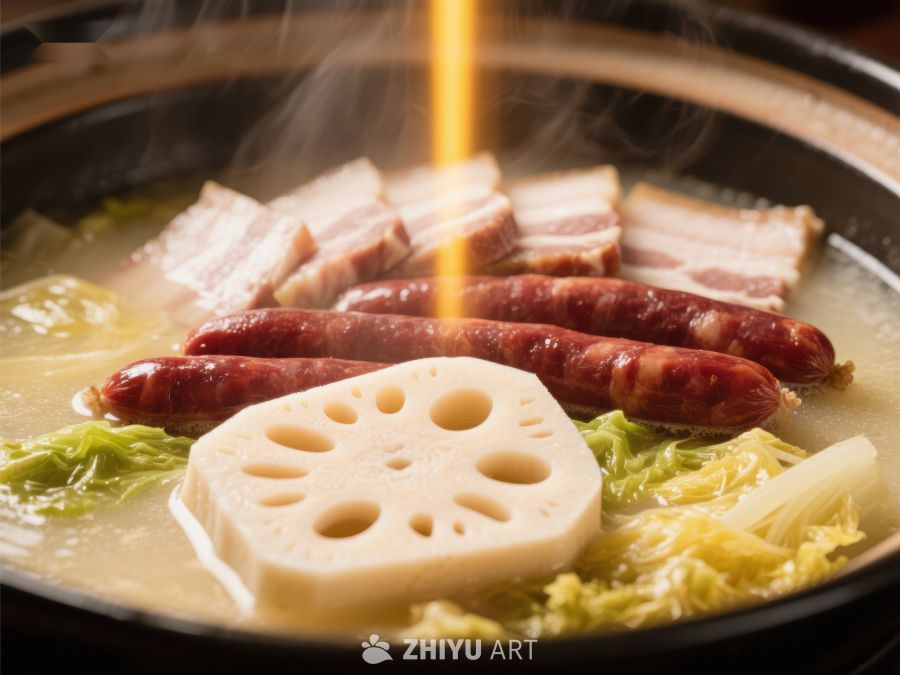 热气腾腾的火锅，莲藕与香肠的美味组合 513