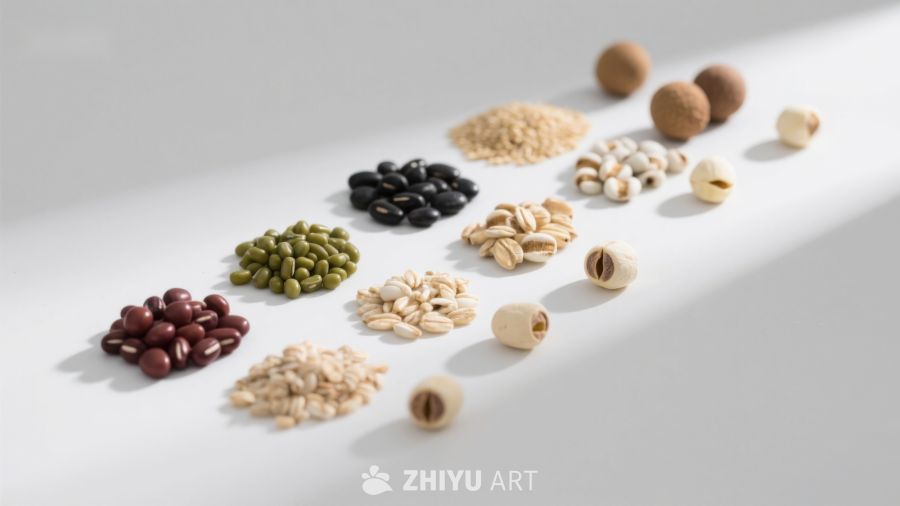 多样豆类与谷物的静物展示