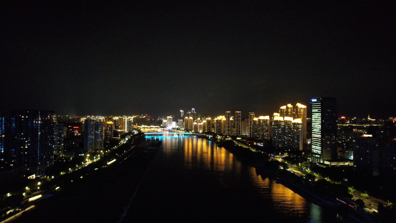 福建福州闽江两岸夜景航拍 