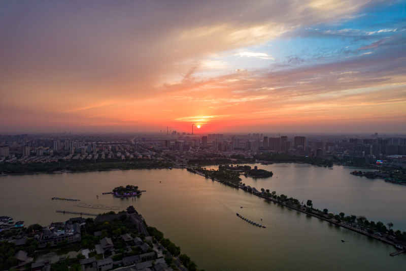 山东聊城日落晚霞夕阳航拍摄影图