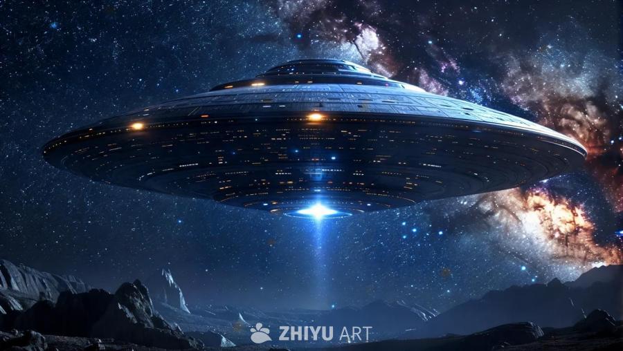 一个碟形飞行器悬停在一个行星表面的上方，该行星表面
