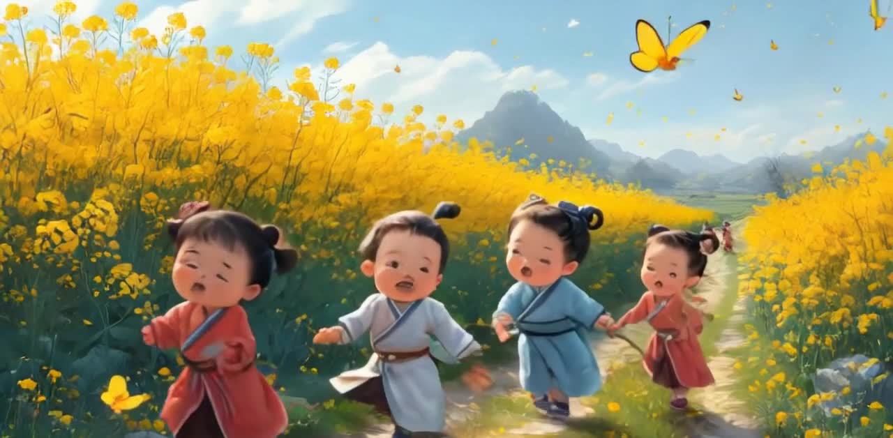花丛中汉服孩童追逐蝴蝶的快乐童年