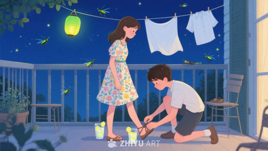 夜晚阳台上的温馨互动 588