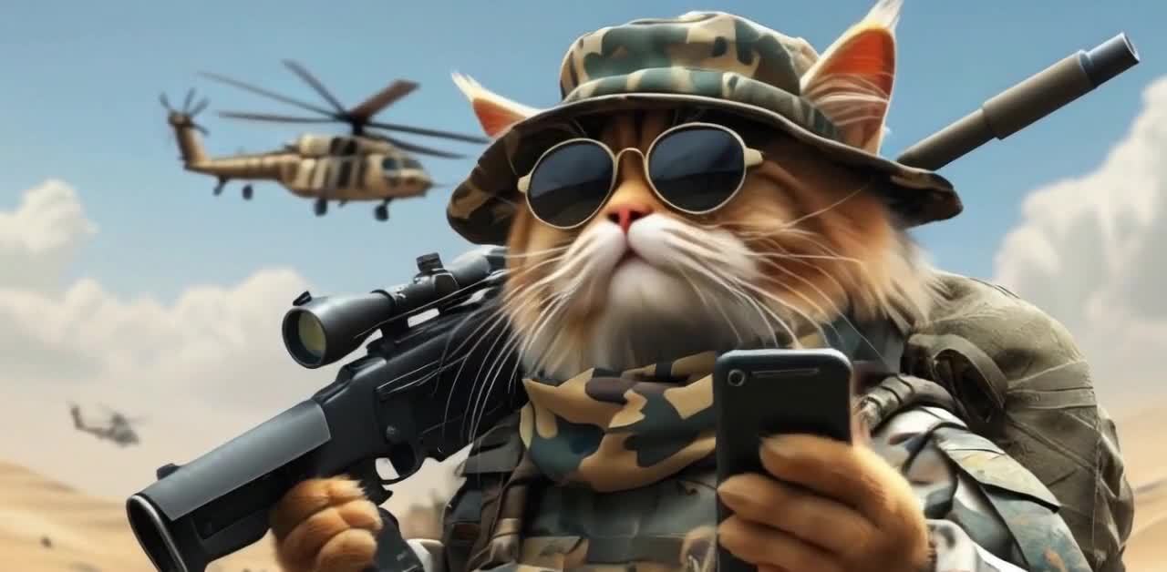 猫咪士兵持枪，直升机在蓝天背景下。