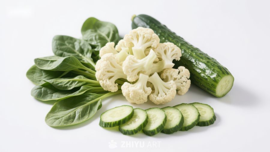 新鲜蔬菜组合：花椰菜、黄瓜与菠菜