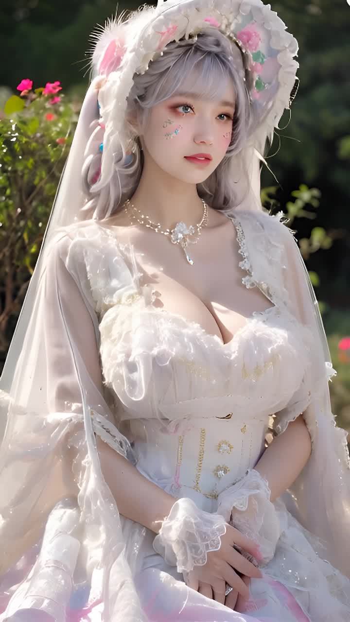一位穿着白色连衣裙的女性，戴着有装饰的帽子，她戴着