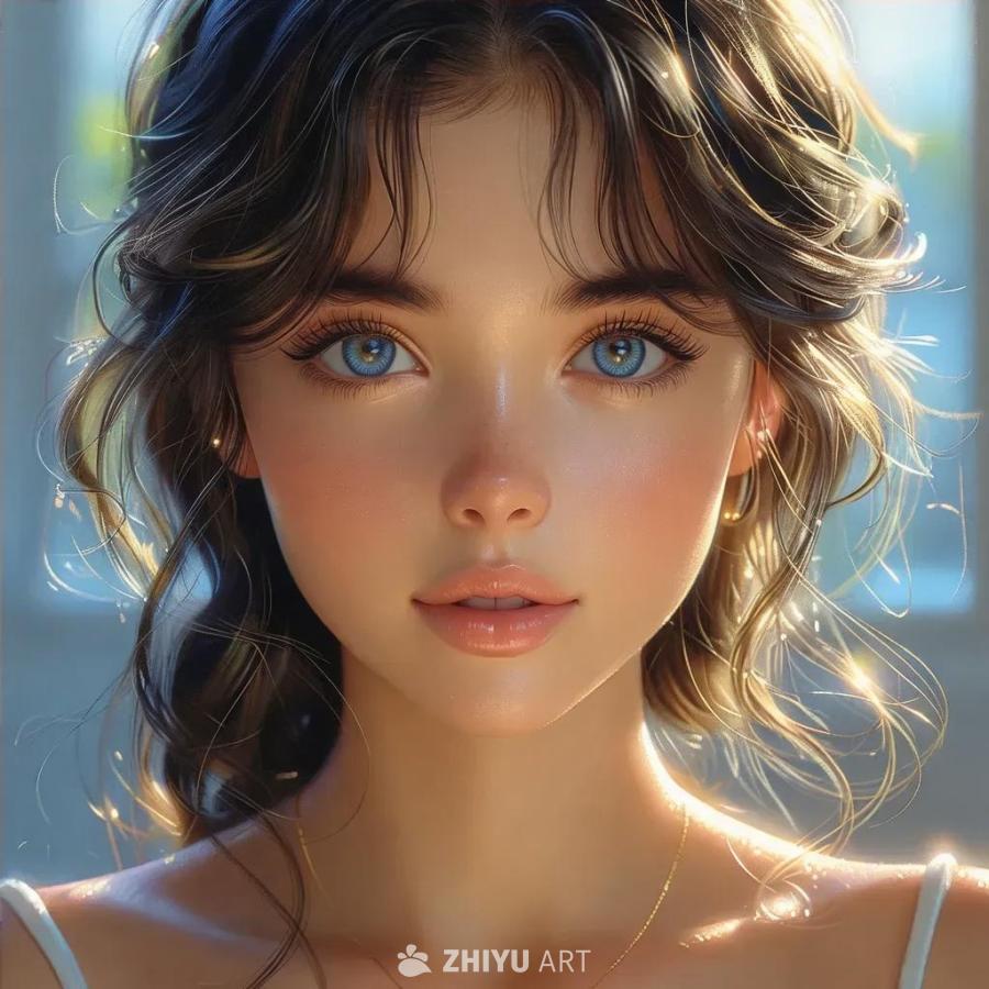 一个有着精致面容的动漫风格女性形象，五官立体，皮肤