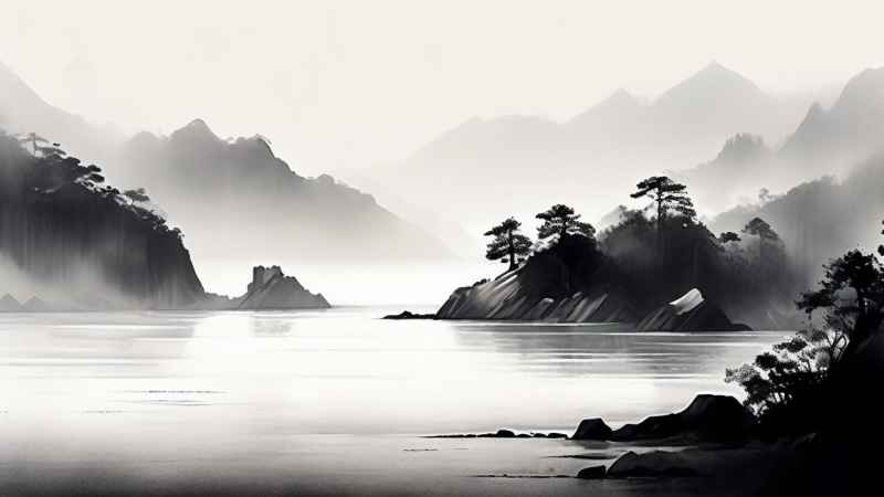 雾气缭绕水墨山水画简约风格 88