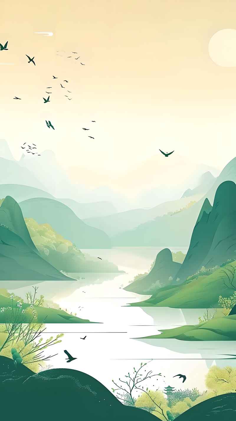 一幅卡通风景画上面有一条河和几只鸟 9