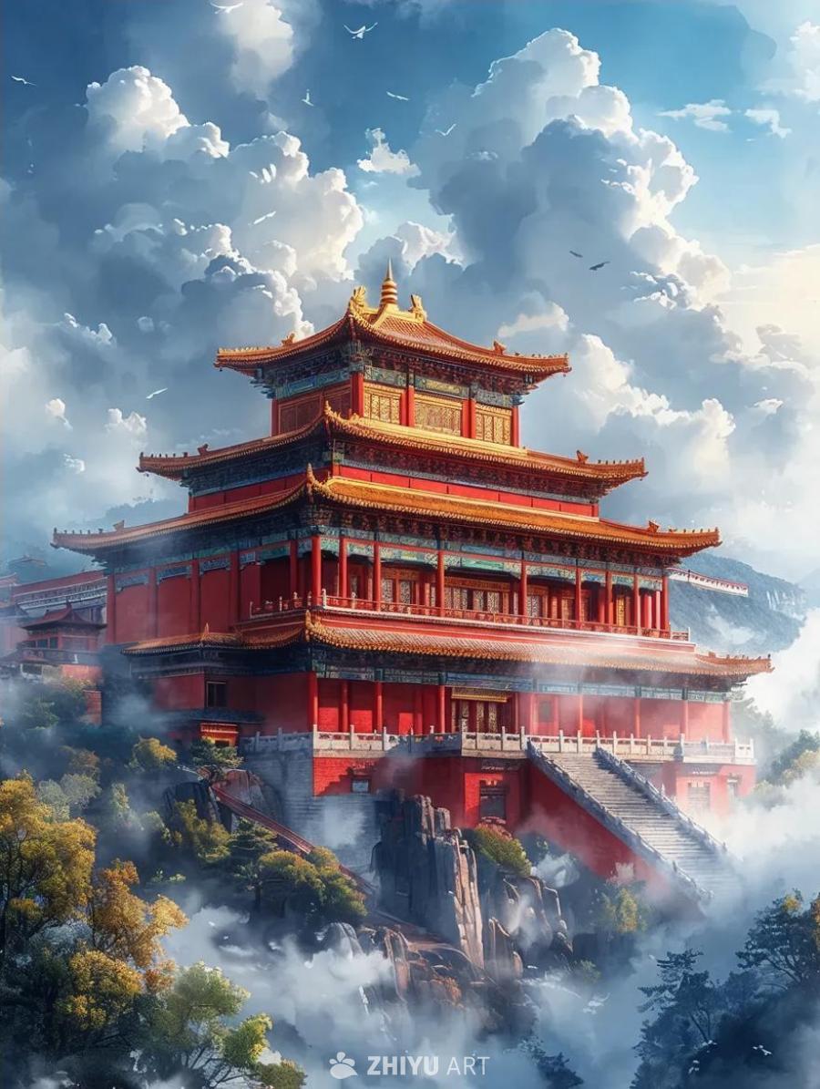 一座红色的布达拉宫屹立在山顶，佛殿庄严肃穆。云雾缭