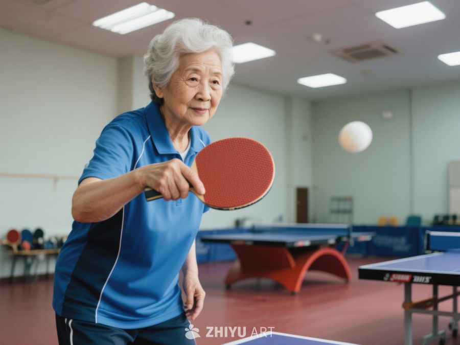 老年女性专注打乒乓球 300