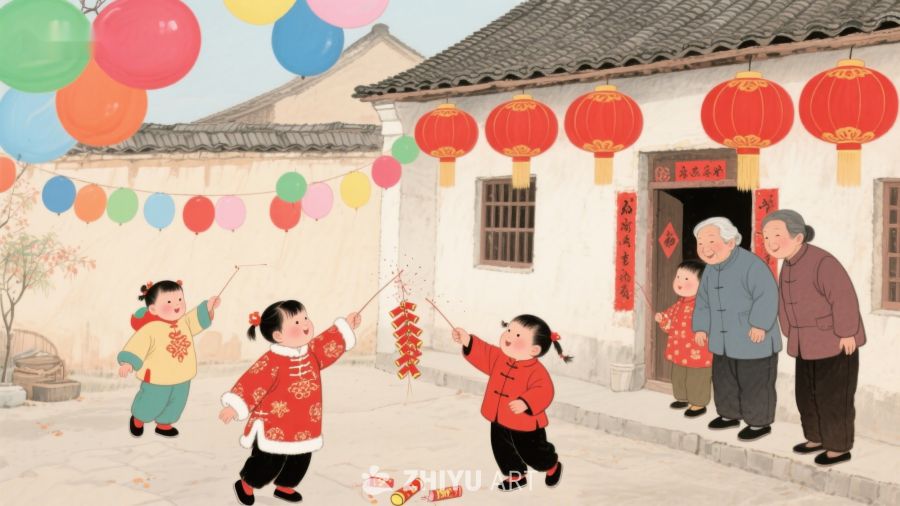 孩童放鞭炮，家人门前迎新春 254