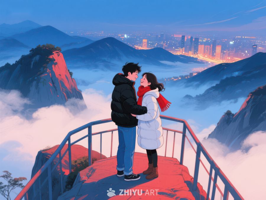 山顶情侣俯瞰城市夜景 623