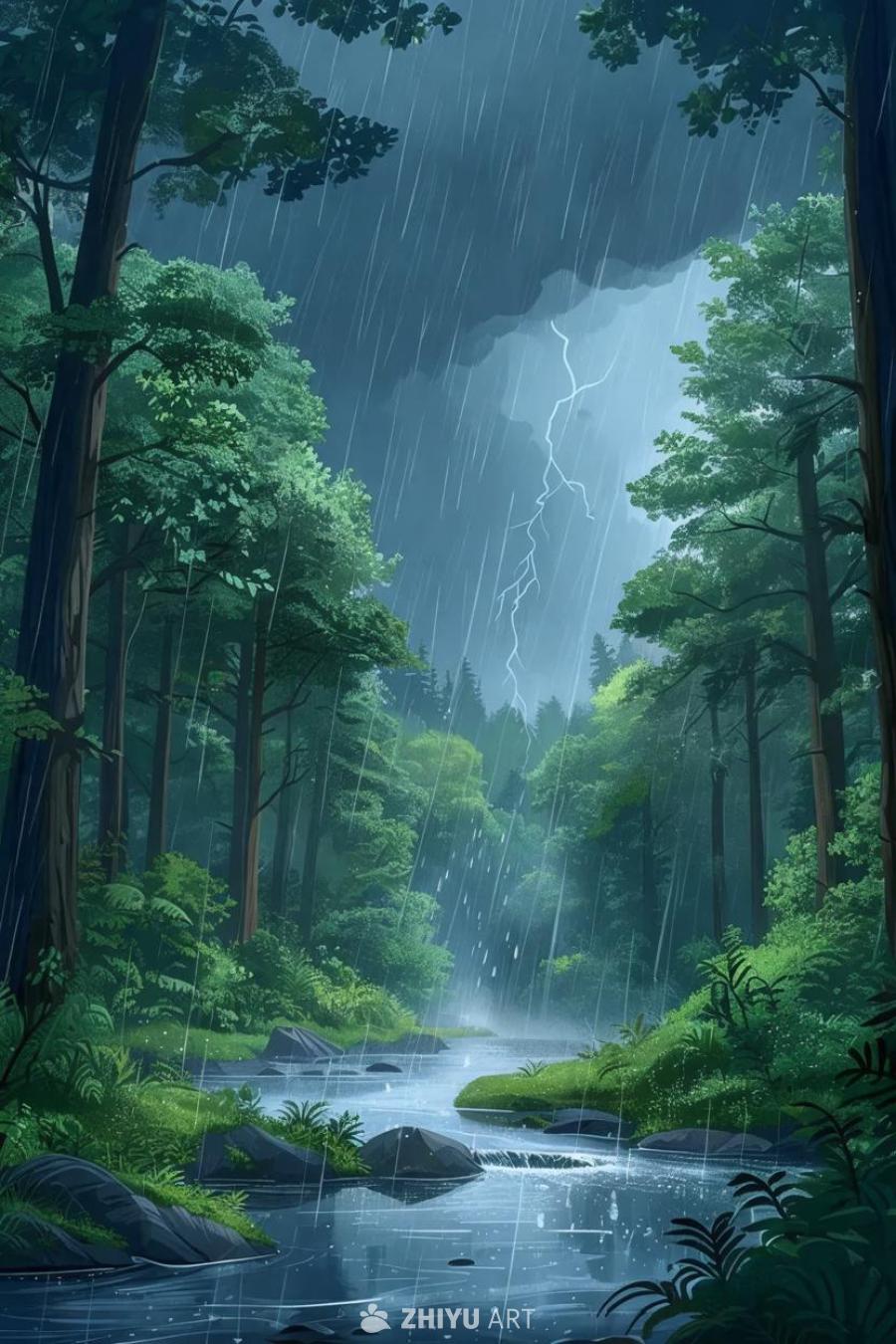 卡通风格的森林场景，下着倾盆大雨。雨水垂直落下，在