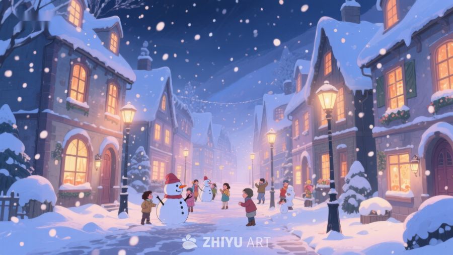 雪夜小镇的温馨节日场景 437