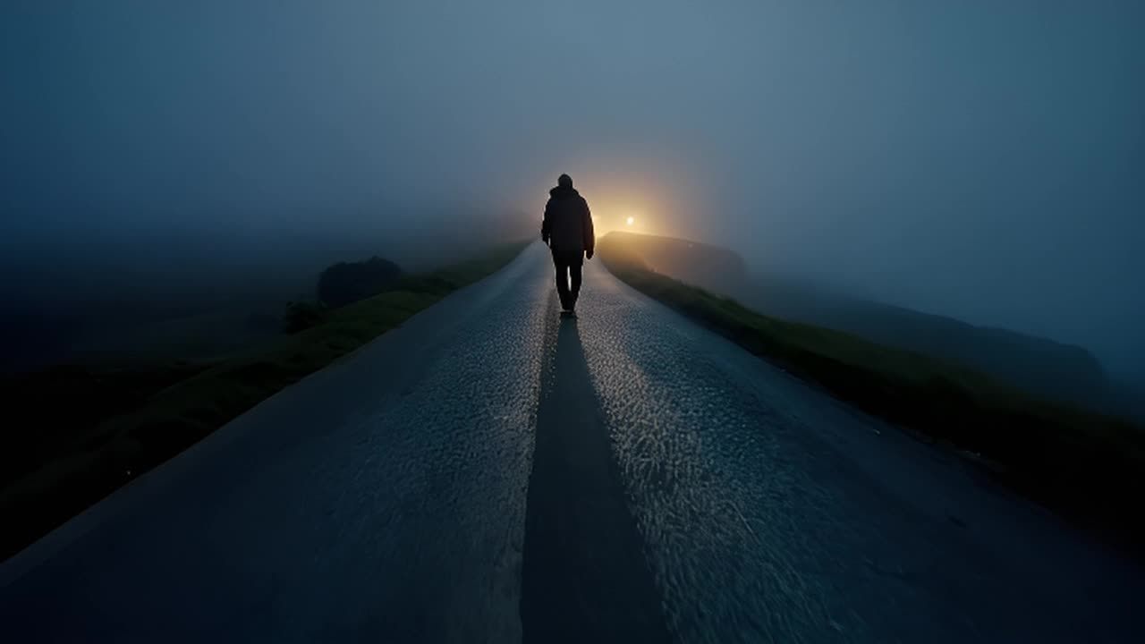 一个人在夜晚的雾中沿着弯曲的道路行走。远处有柔和的