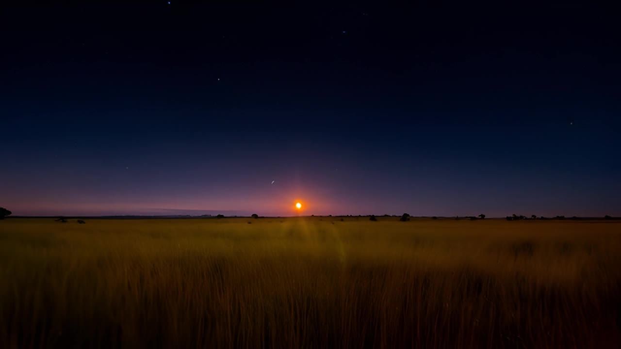 夜空中点缀着星星，太阳从地平线升起，直到超出画面向