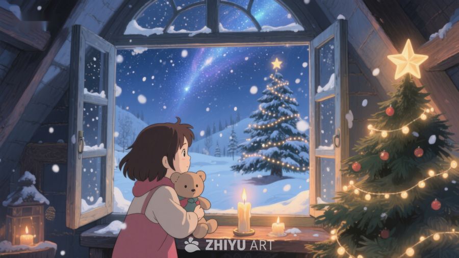 窗边女孩与圣诞树的温馨夜景 1