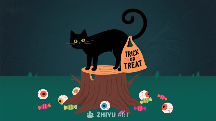黑猫树桩上手持“不给糖就捣蛋”布袋
