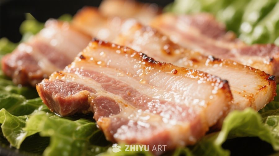 烤五花肉配生菜特写