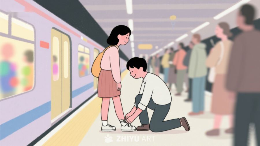 地铁站内，男子为女子系鞋带 112