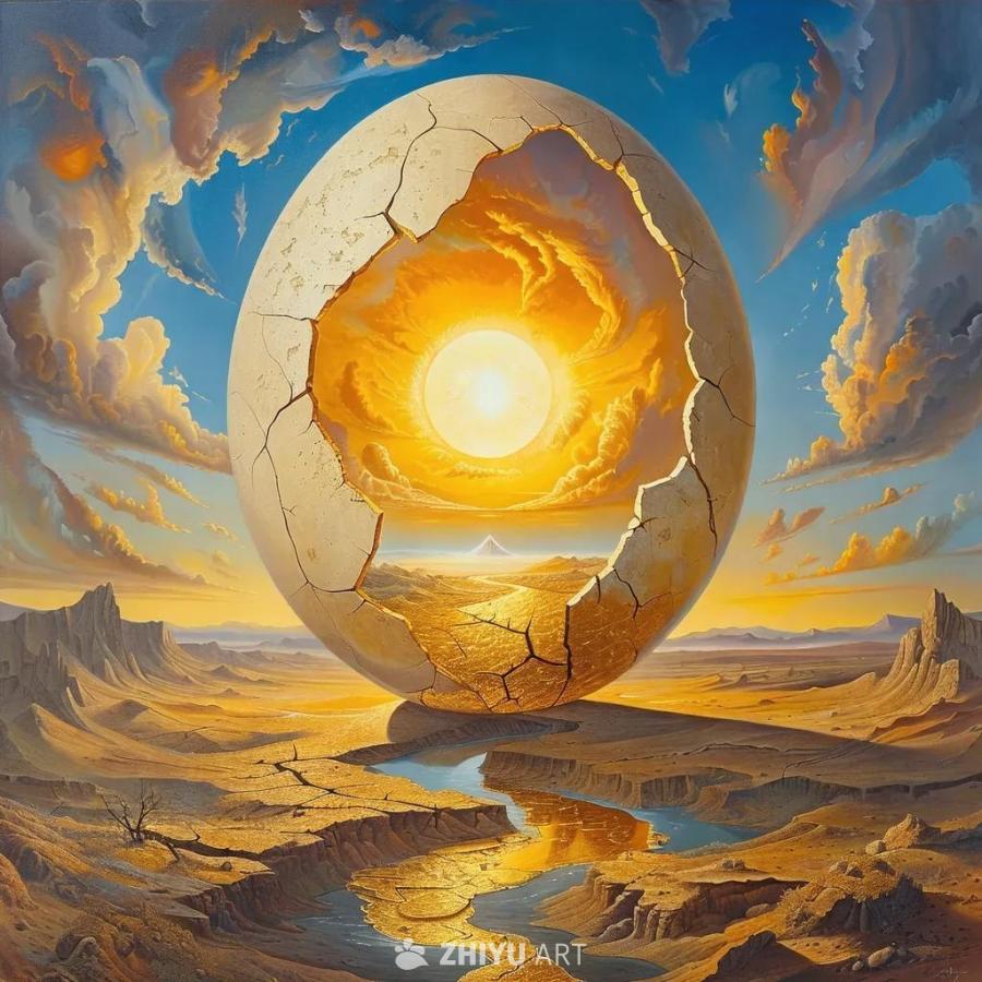 超现实主义风景，一个巨大的破裂的蛋，里面有太阳，天