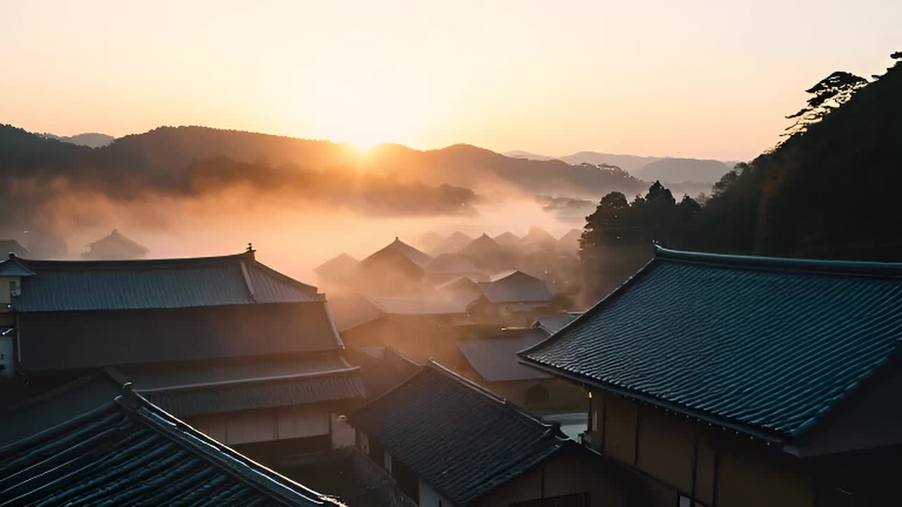 画面展示了日出时分的日本村庄，传统瓦片屋顶层叠，雾