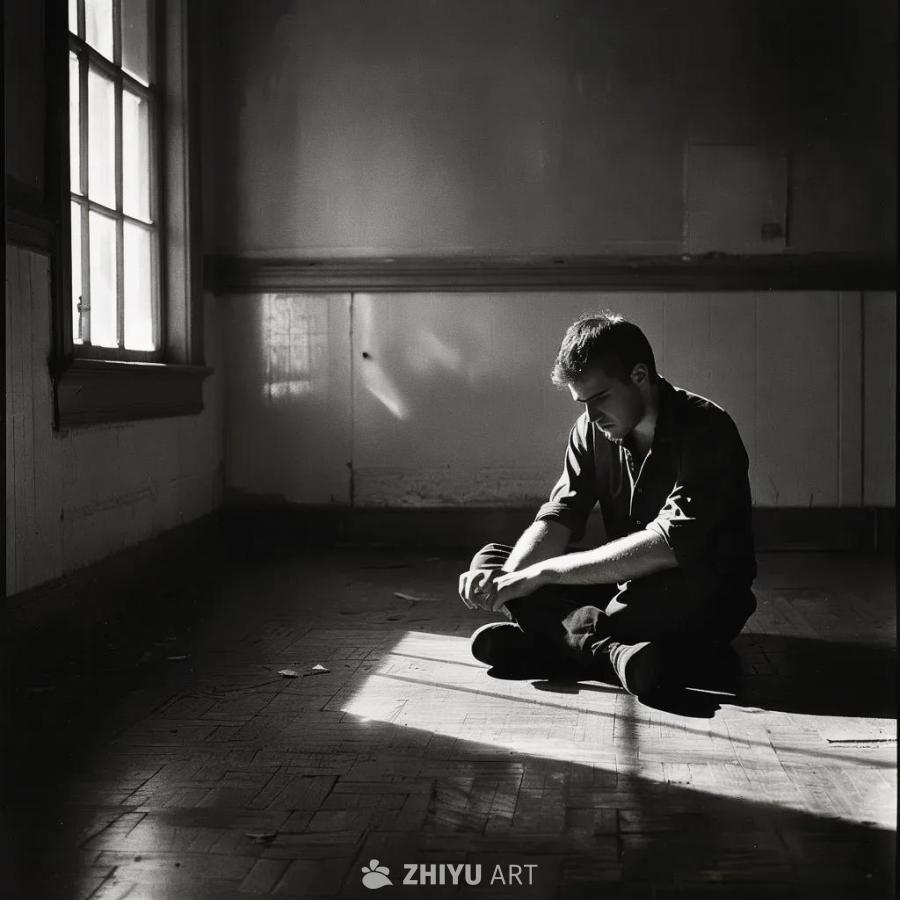 黑白照片中，一名男子坐在昏暗的房间里，只有部分身体
