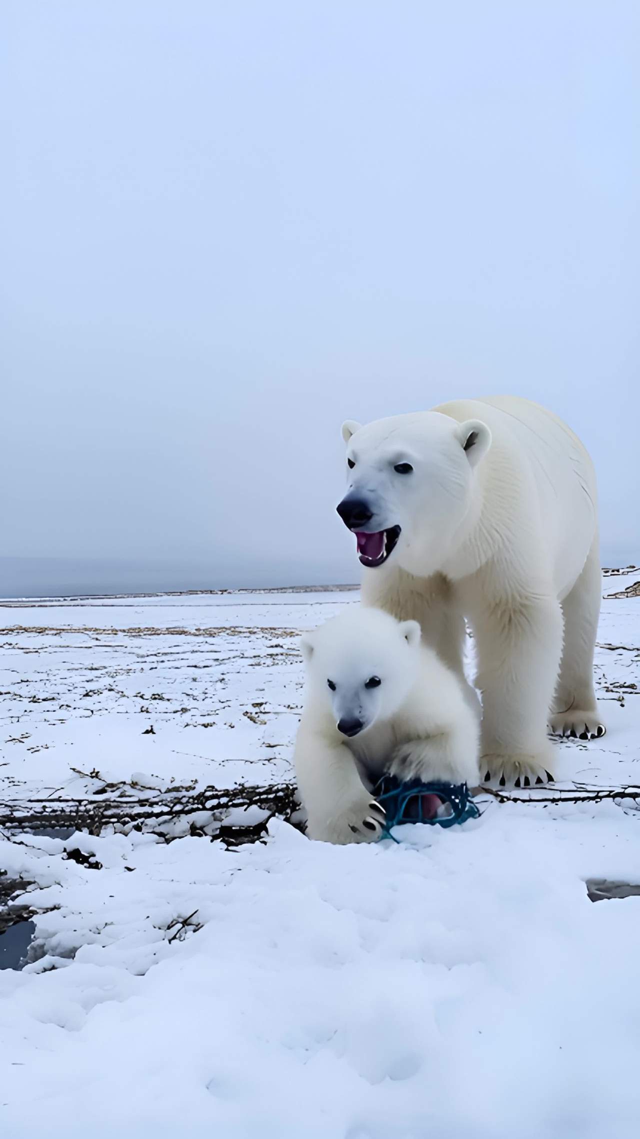 两只北极熊站在雪地上。一只较大的北极熊站在后面，另