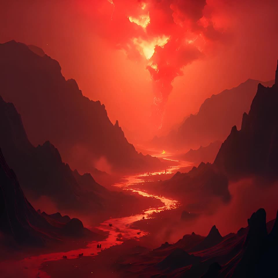 红色的天空下，峡谷两侧是深色的山脉，山脉的轮廓清晰