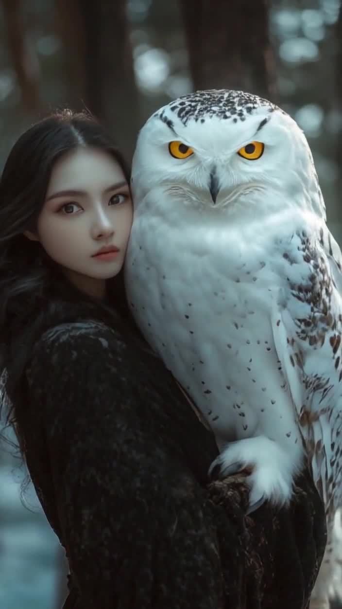一名年轻女子和一个雪鸮出现在镜头中。女子拥有一头乌