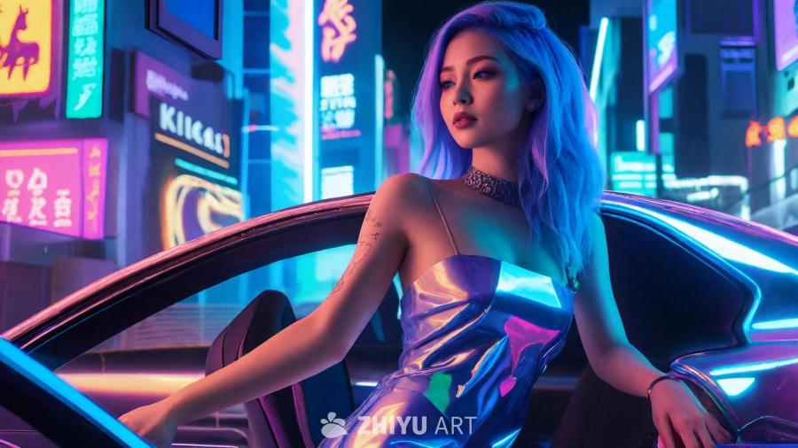 赛博朋克风格的场景，一名穿着闪亮派对礼服的女孩，坐