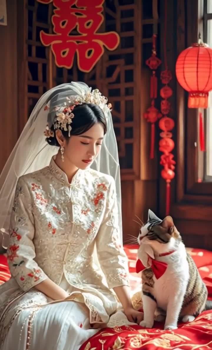 新娘着中式婚服落泪，萌猫安慰显温馨。