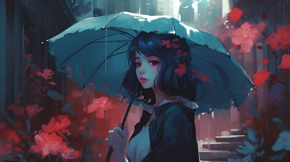 打伞女孩忧郁的美