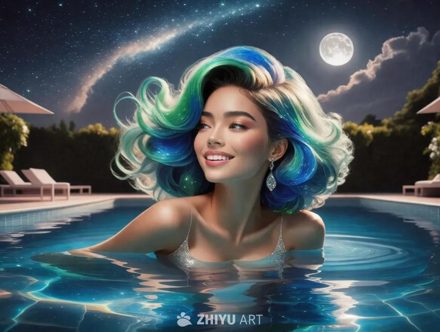 泳池边夜景，一位女士漂浮在水面上，抬头望着星空，脸