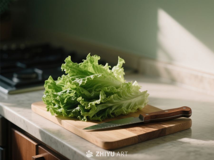 生菜置于砧板之上，厨房光线柔和 328