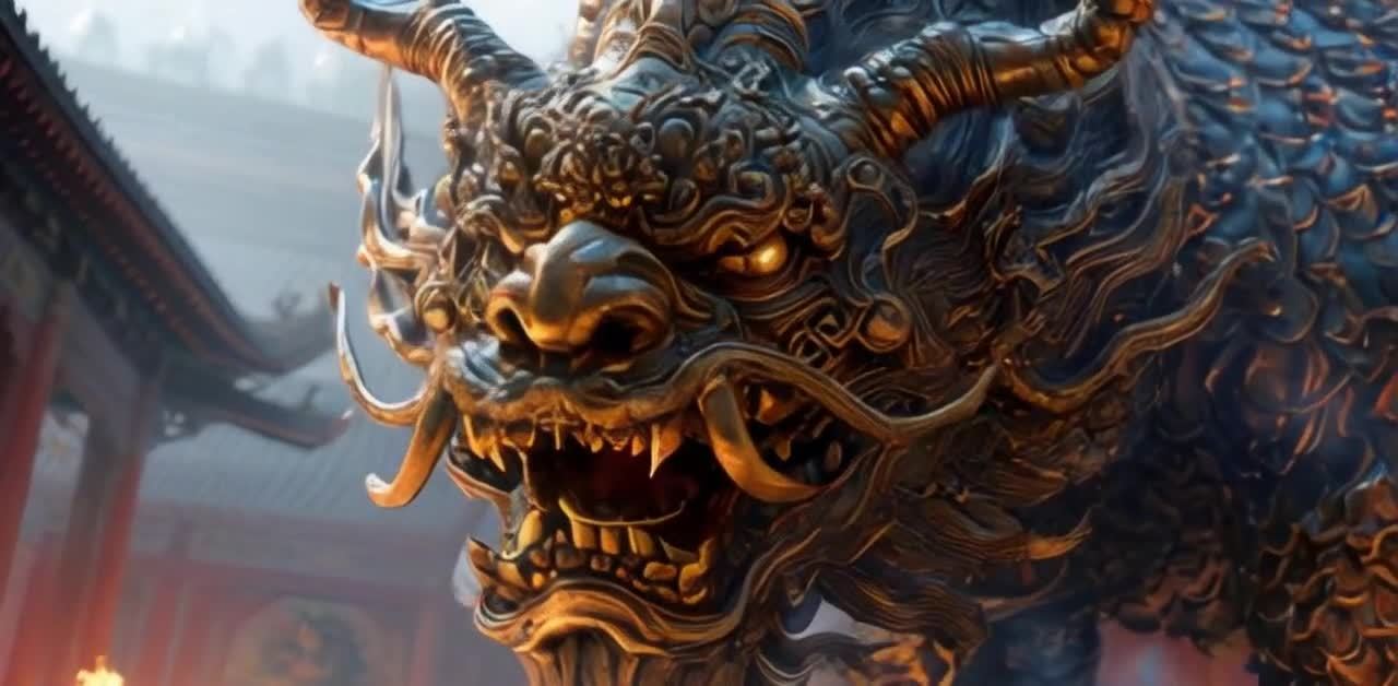 一个雕刻精细的金色神兽头部，张着大嘴，露出牙齿。背