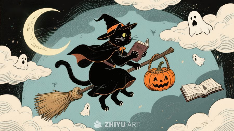 巫师黑猫夜空飞行