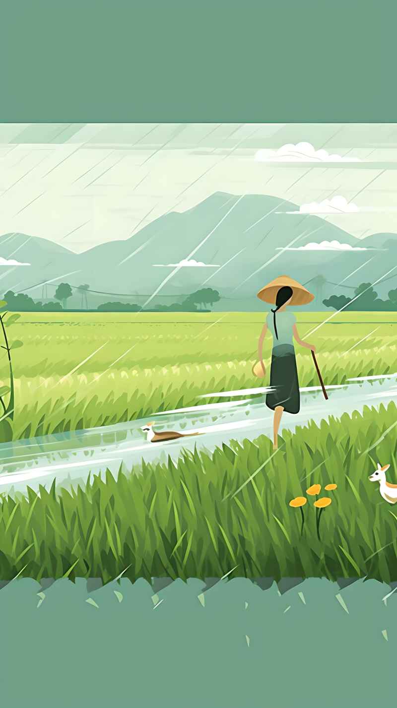 女人站在稻田与狗绿色插画 4