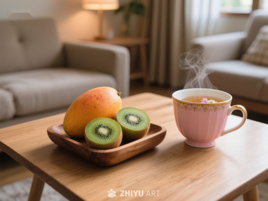 温馨客厅中的水果与热茶 626