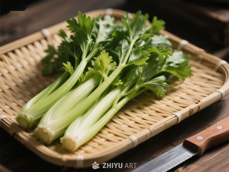 新鲜芹菜置于竹编托盘 504