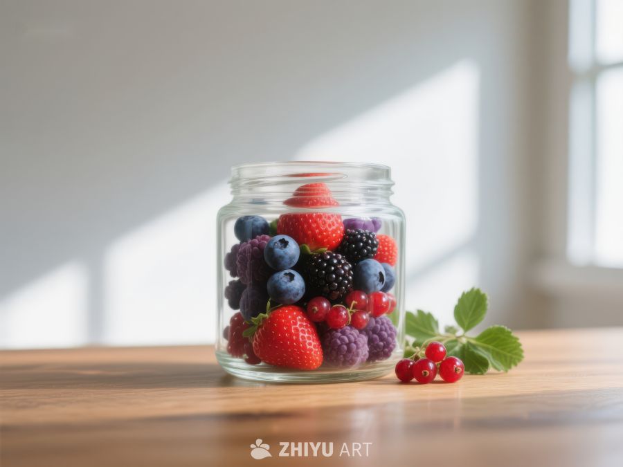 玻璃罐中的新鲜混合浆果 33