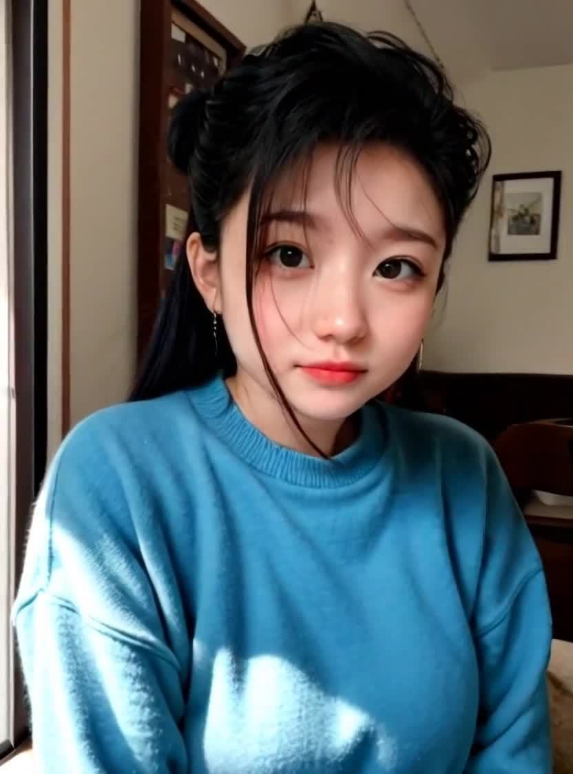 室内年轻女性特写肖像，身穿蓝色毛衣。