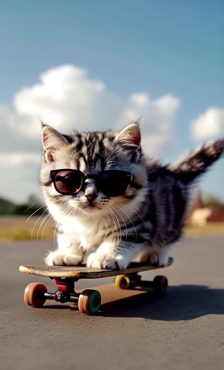 戴墨镜的猫咪滑滑板，天空晴朗，超酷！