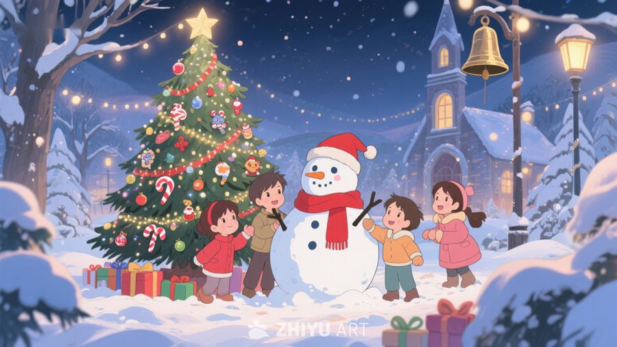 冬夜雪景中的圣诞树与雪人 117