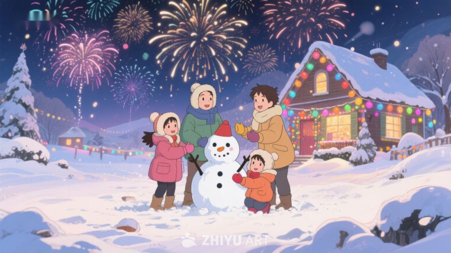 冬夜烟花下的家庭雪人时光 127