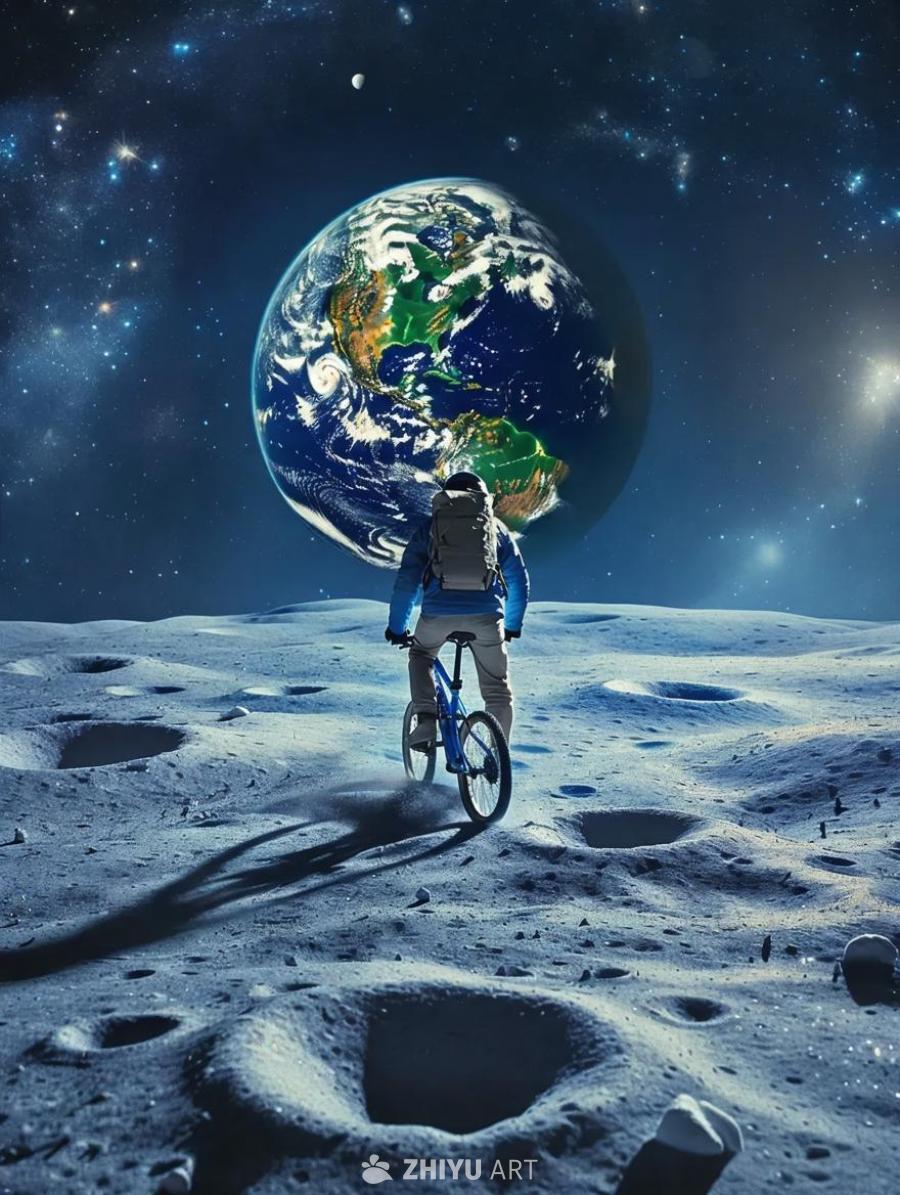 一个人骑着自行车在月球上，背景是地球。月球表面布满