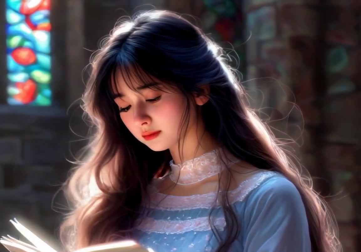女子阅读，彩绘玻璃窗，光线静谧氛围。