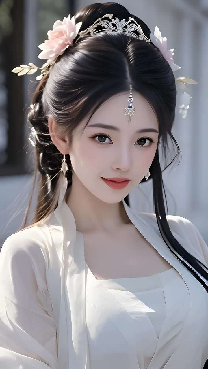 一个女子，她有着黑色的长发，头发上装饰着花朵和银色
