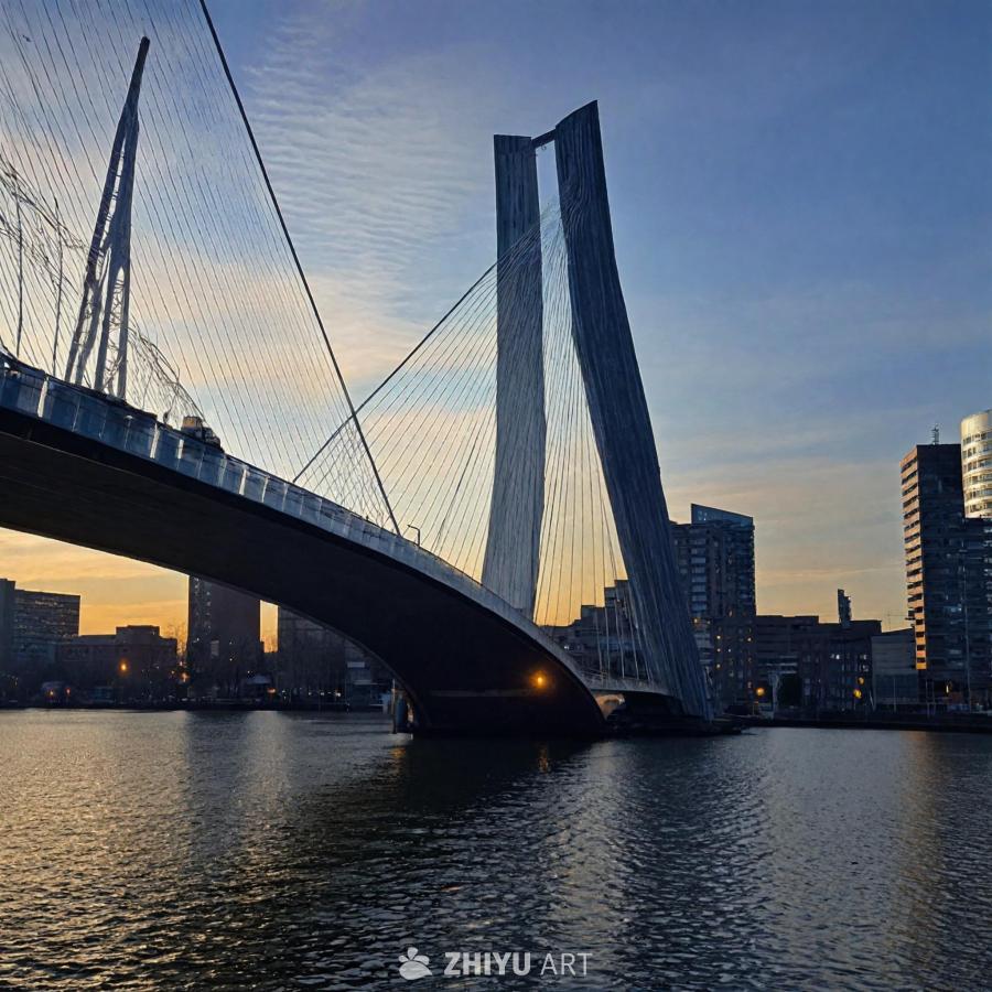 一座大型的现代化桥梁横跨鹿特丹的城市水域。桥梁是一